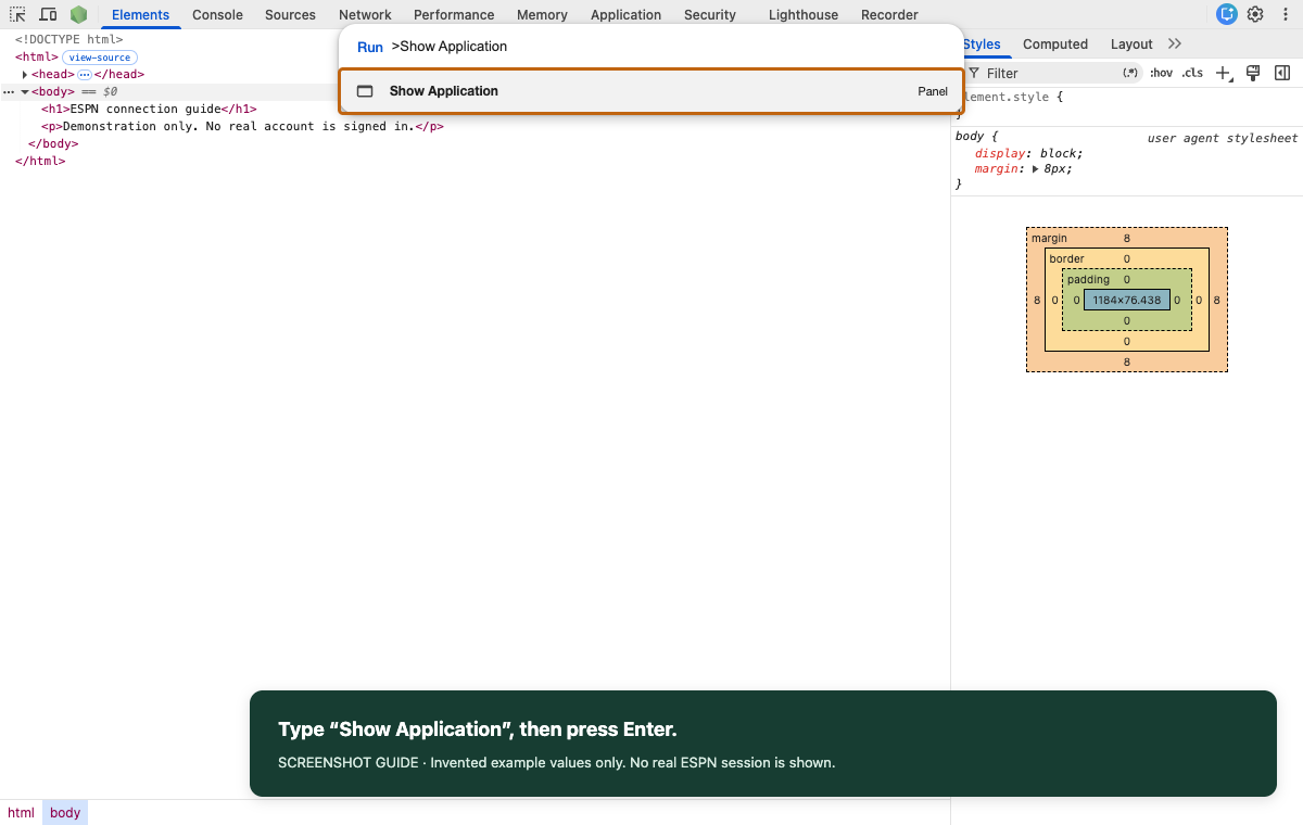 Chrome Developer Tools command menu with Show Application selected. An annotation identifies the command to choose.