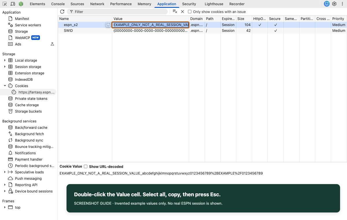 The espn_s2 Value cell selected in Chrome’s cookie table, with an annotation explaining select all, copy, then Escape. The selected value is a fake example.